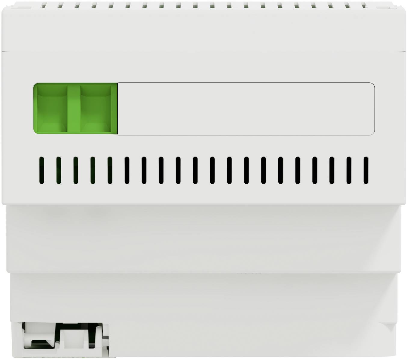 White wall-mounted device with a green status indicator window, vent slots, and a small connector opening at the bottom.