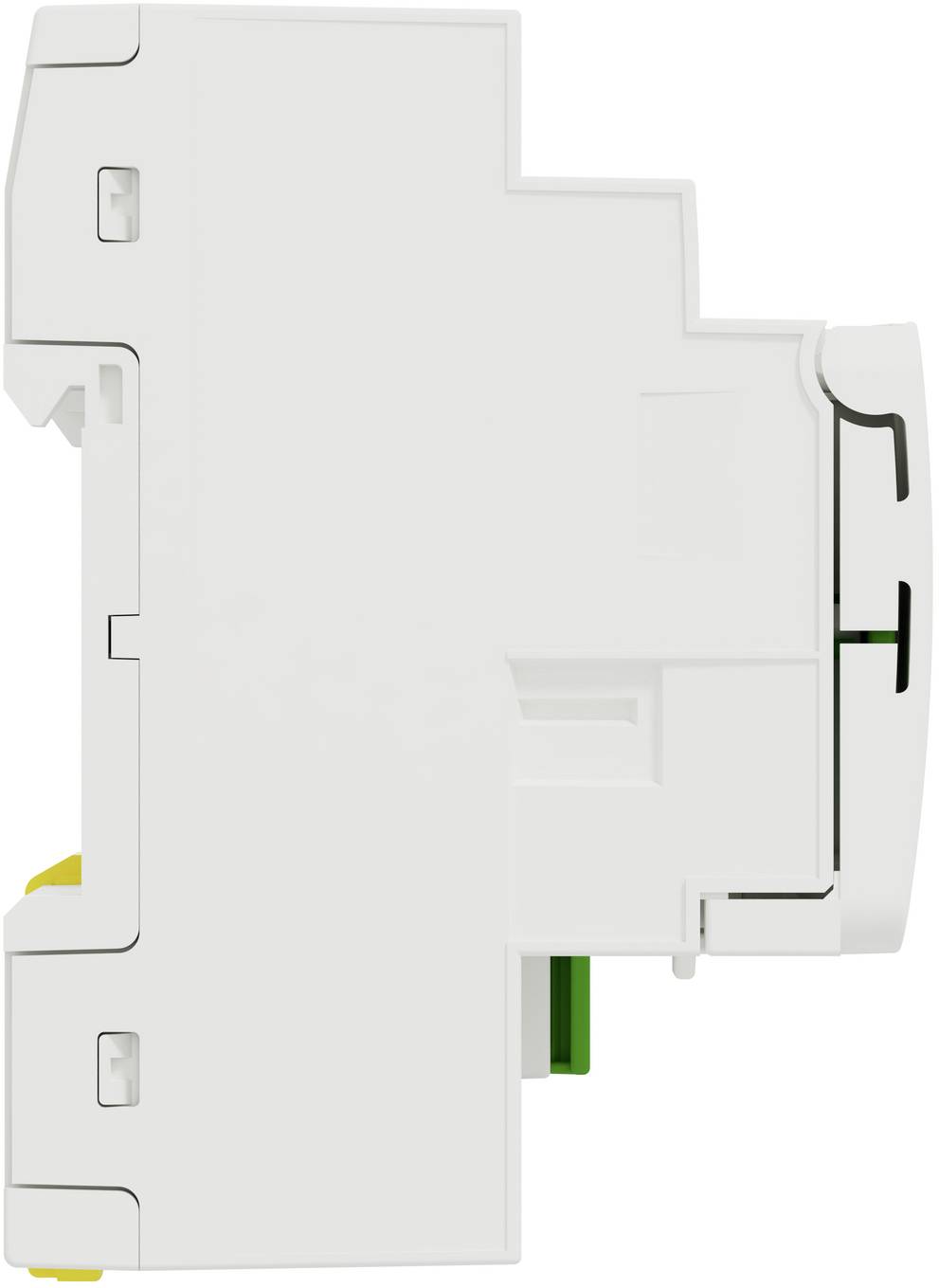 White DIN-rail electrical module viewed from the side, showing its rectangular casing, mounting clip, and connection points.