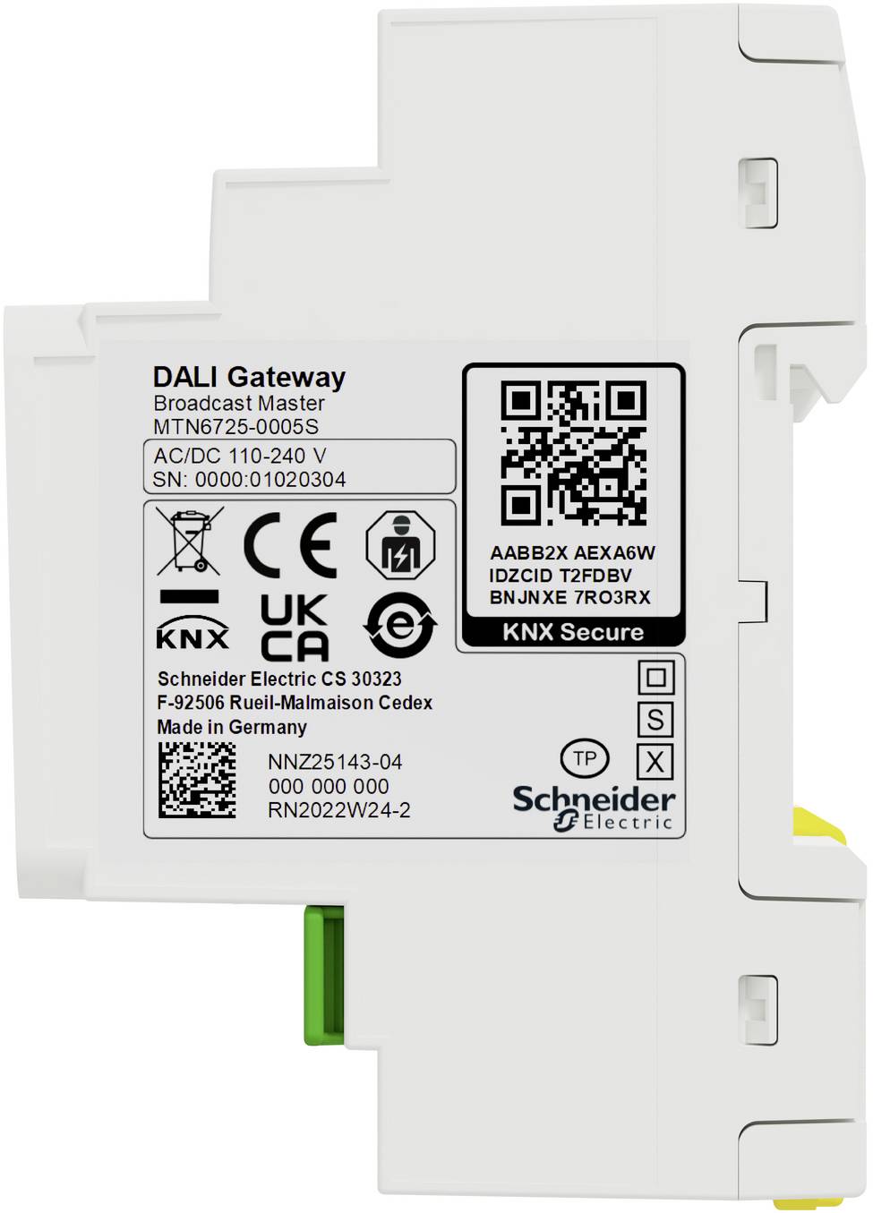 Close-up of a Schneider Electric DALI Gateway Broadcast Master module with QR code, model and certification labels on a white background.