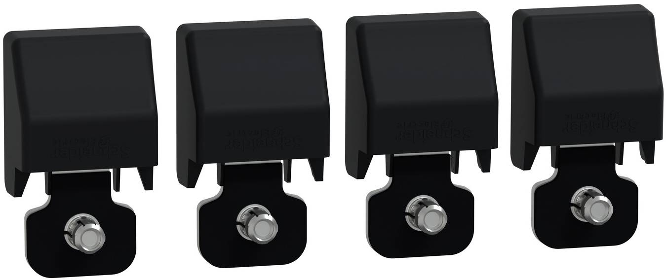 Four black electrical terminals or relay connectors with metal mounting screws, arranged in a row on a white background.