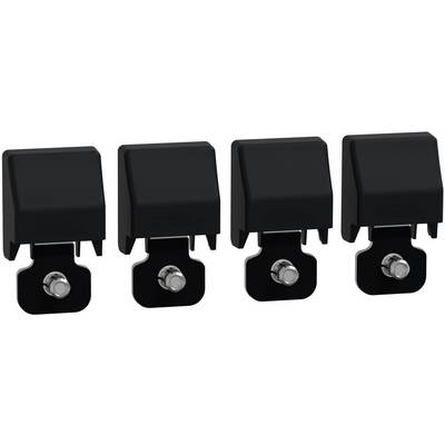 Four black electrical terminals or relay connectors with metal mounting screws, arranged in a row on a white background.