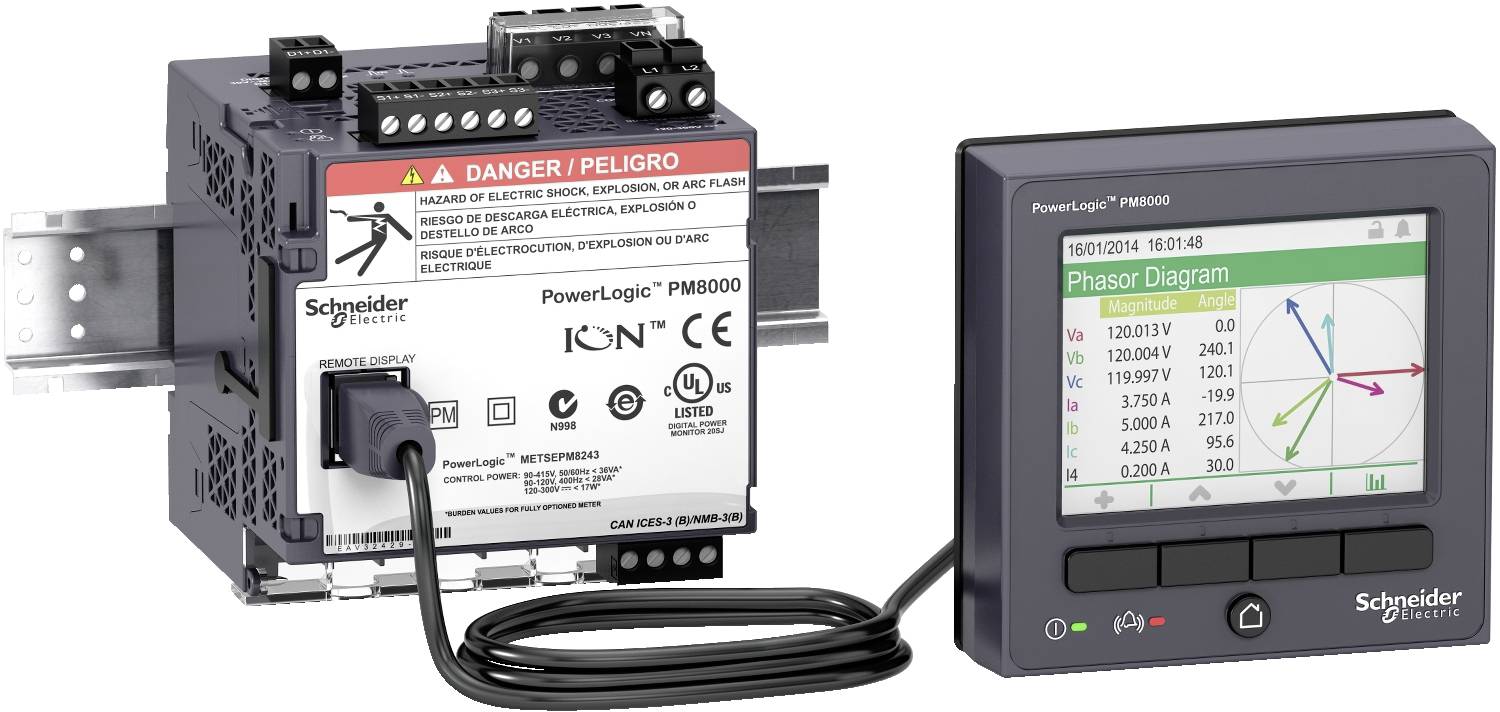 Schneider Electric PowerLogic PM8000 power meter and a remote display showing a phase diagram with voltage and current readings.