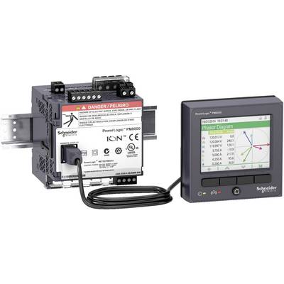 Schneider Electric PowerLogic PM8000 power meter and a remote display showing a phase diagram with voltage and current readings.