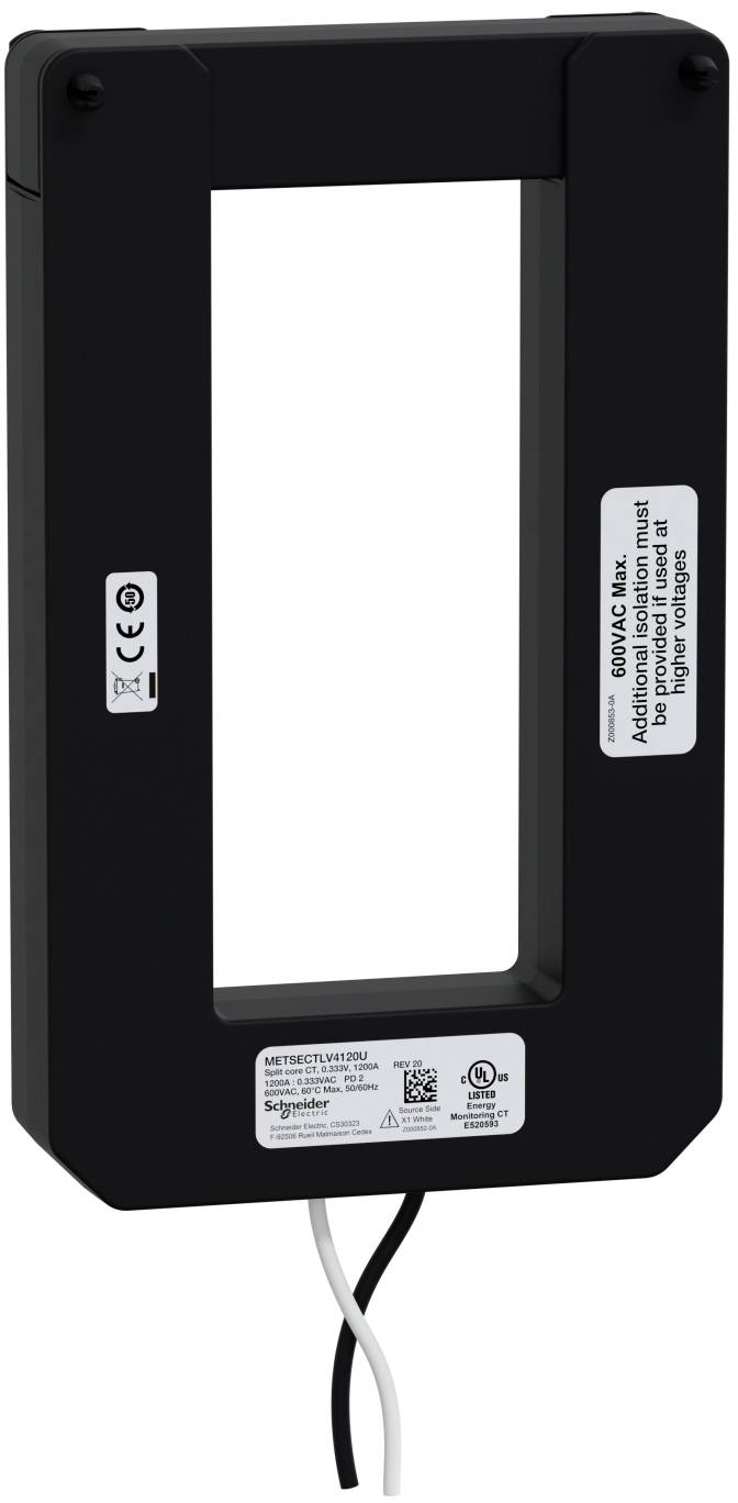 Black rectangular electrical current sensor with central opening and attached black and white wires, shown with product labels.