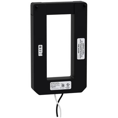 Black Schneider Electric current transformer with rectangular opening and attached black and white wires.