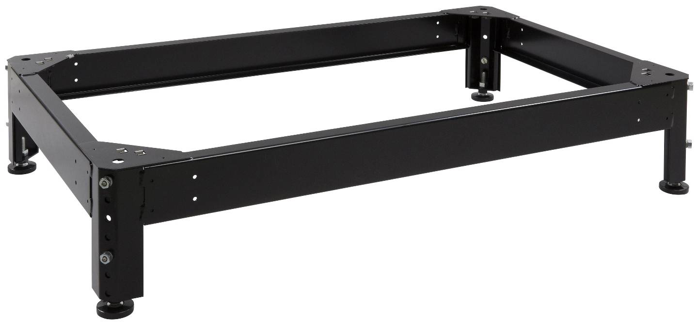 Black metal adjustable bed frame with four legs on a white background.