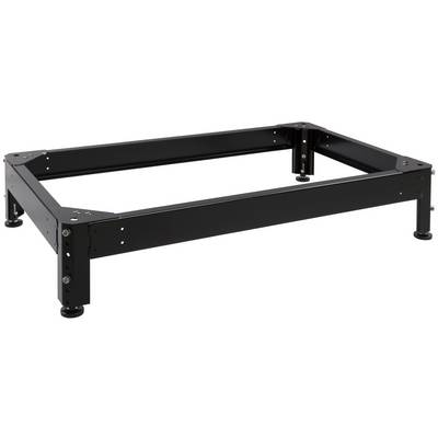 Black metal adjustable bed frame with four legs on a white background.