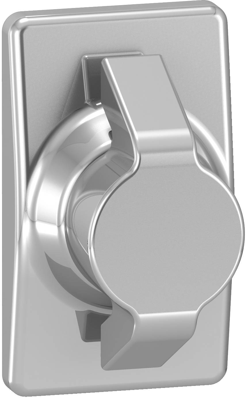 Silver wall-mounted rotary control knob or dimmer switch on a rectangular plate<br>