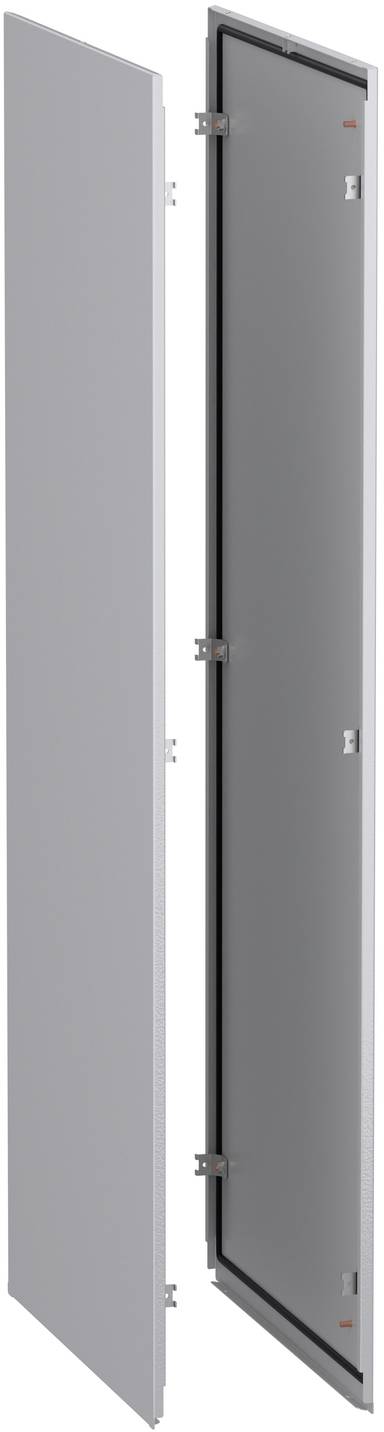 Gray metal access panel door shown open, revealing the interior side with hinges and latch hardware.
