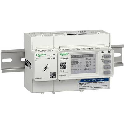 Schneider Electric three-phase power meter on a DIN rail, with digital display showing current, voltage, and power readings.