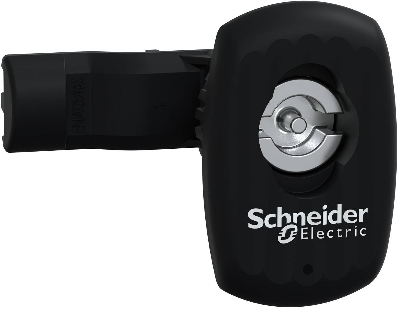 Black Schneider Electric rotary handle switch accessory on white background, with brand logo visible.