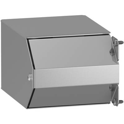 Gray metal rectangular electrical enclosure with a hinged front cover and latch on the right side<br>