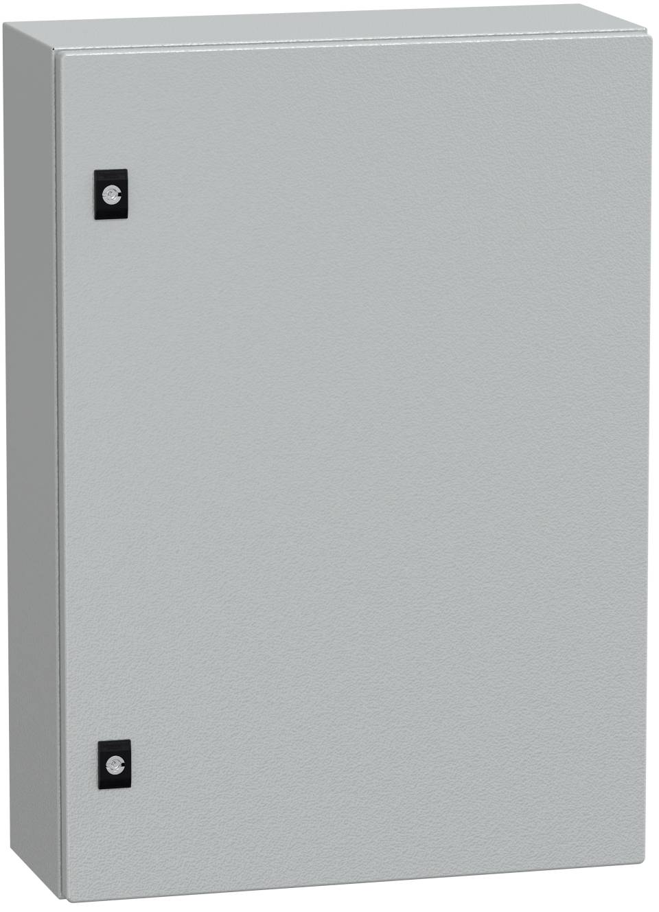 Gray metal electrical cabinet or enclosure with a front door and two black latches on the left side<br>