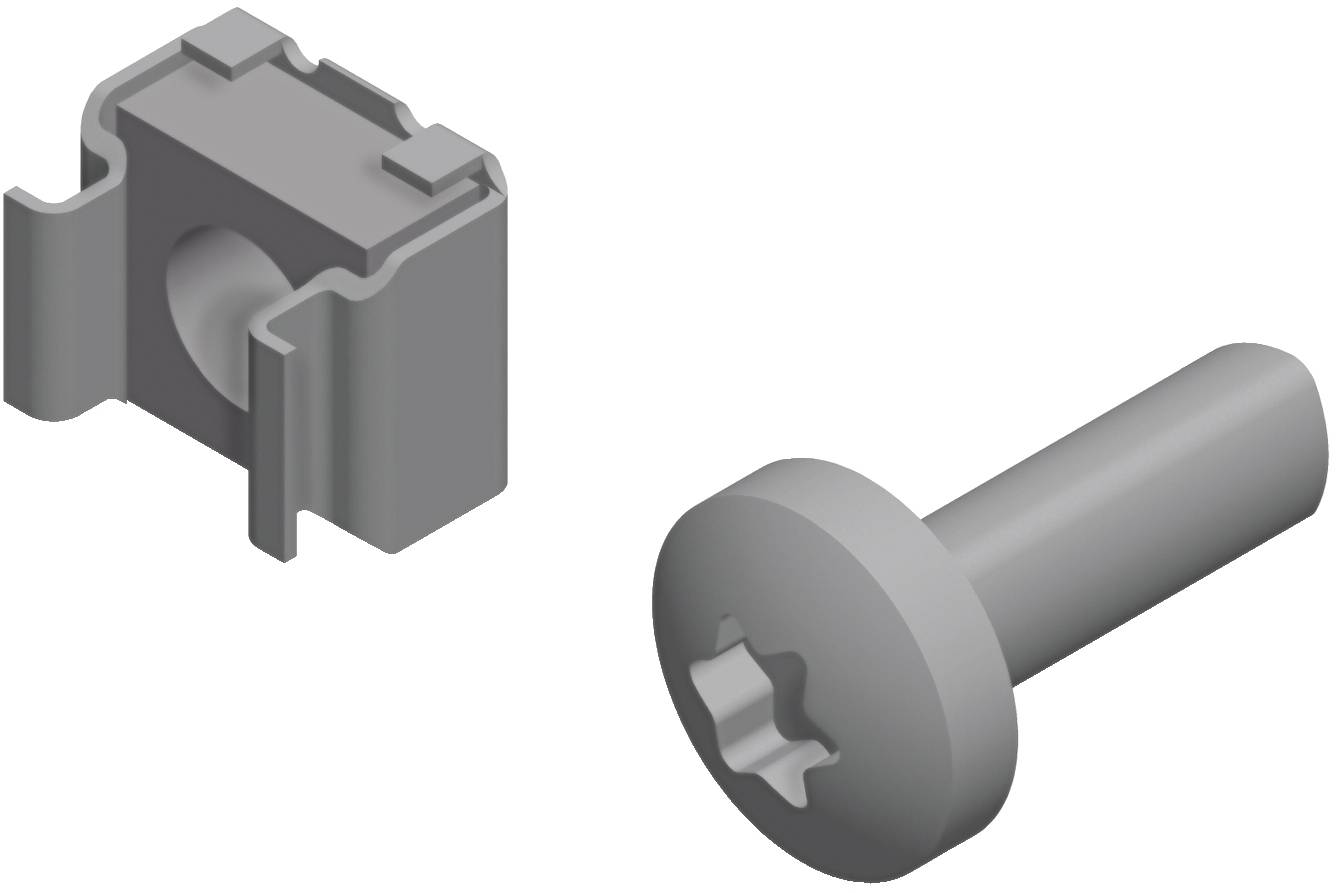 Exploded view of a screw and matching clip/anchor, showing how the fastener fits into the bracket.