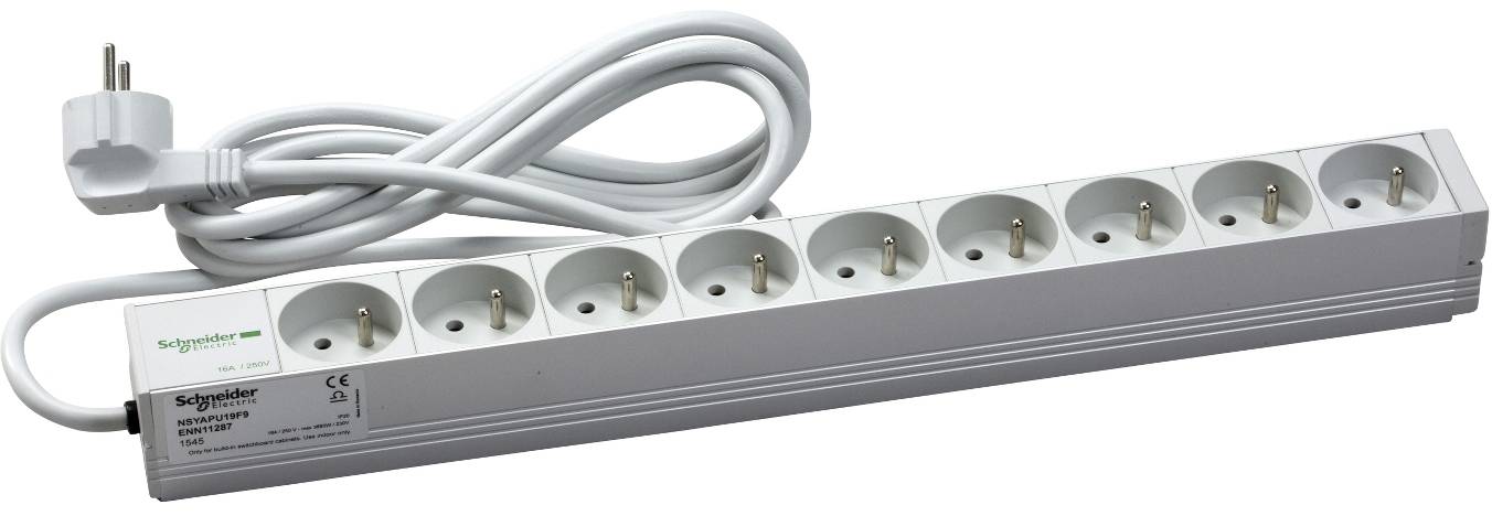 A white power strip with eight outlets and a coiled power cord attached, shown on a plain background.