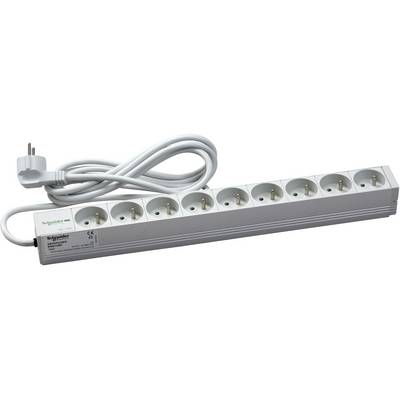 A white power strip with eight outlets and a coiled power cord attached, shown on a plain background.