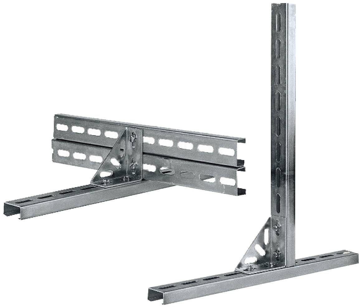 Metal strut channel support brackets forming an L-shaped mounting frame with perforated steel rails and triangular braces on a white background.