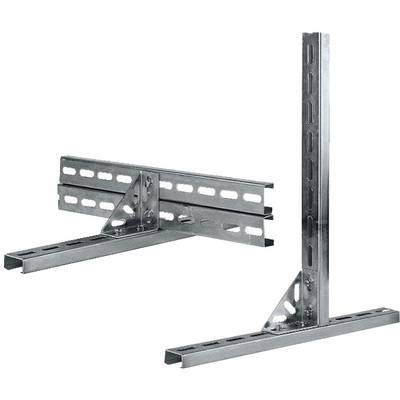 Metal strut channel support brackets forming an L-shaped mounting frame with perforated steel rails and triangular braces on a white background.