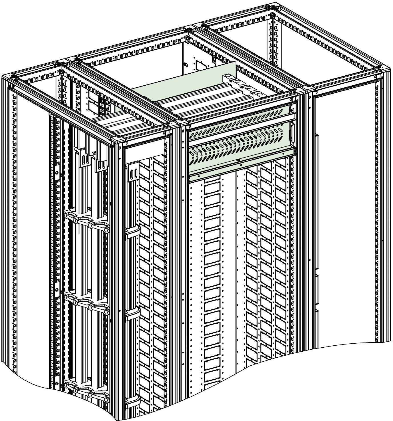Isometric technical drawing of a server rack cabinet frame with mounted rack units, cable management, and internal paneling.