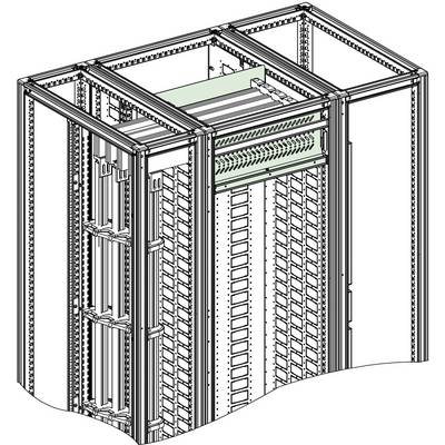 Isometric technical drawing of a server rack cabinet frame with mounted rack units, cable management, and internal paneling.