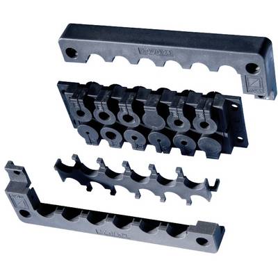 Exploded view of a black plastic cable clamp assembly with four interlocking parts, shown separated to illustrate how the pieces fit together.