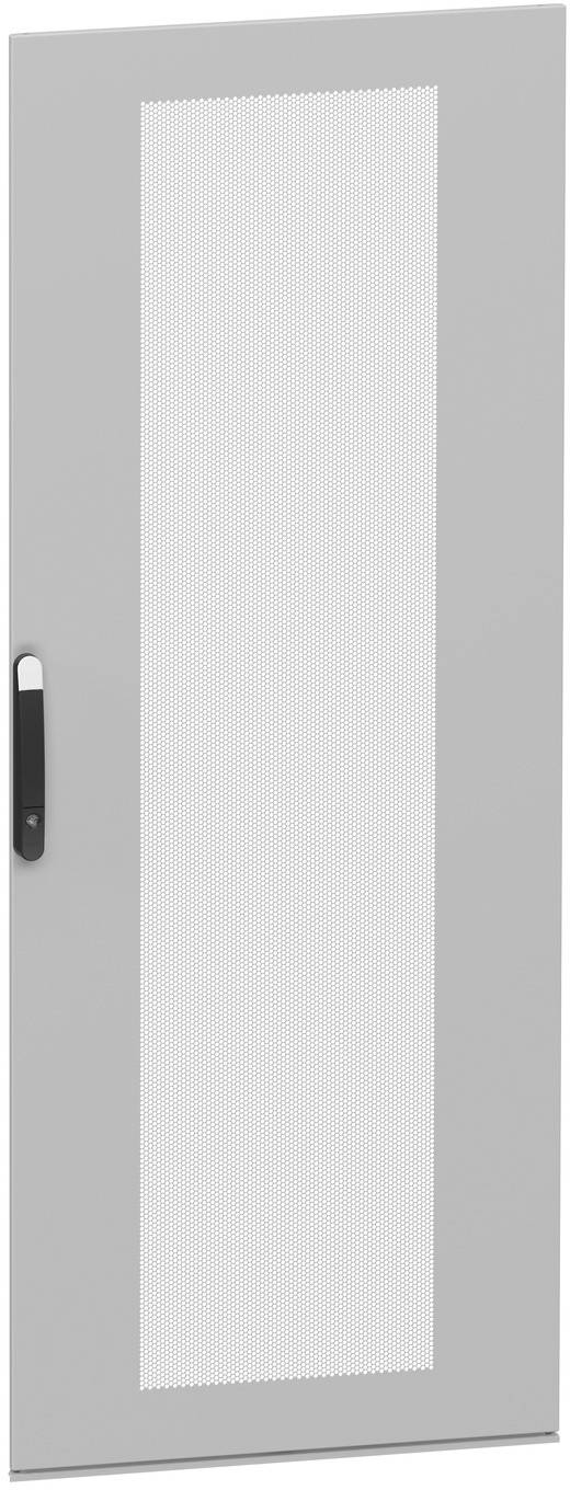Gray metal door with a tall narrow frosted-glass panel and black vertical handle on the left side.