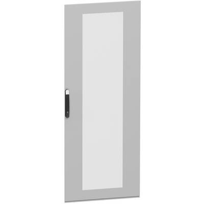 Gray metal door with a tall narrow frosted-glass panel and black vertical handle on the left side.