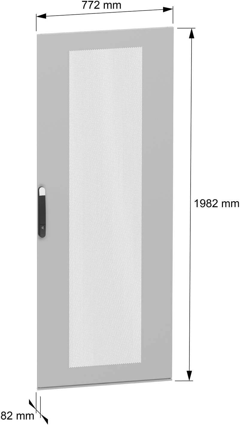 Grey full-height door with frosted glass panel and side handle, shown in dimensioned front view: 772 mm wide, 1982 mm tall, 82 mm deep.