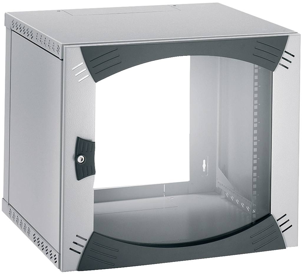 Empty wall-mount network equipment cabinet with clear front door and ventilation slots, shown open to the interior.
