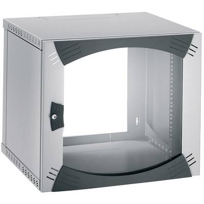 Empty wall-mount network equipment cabinet with clear front door and ventilation slots, shown open to the interior.
