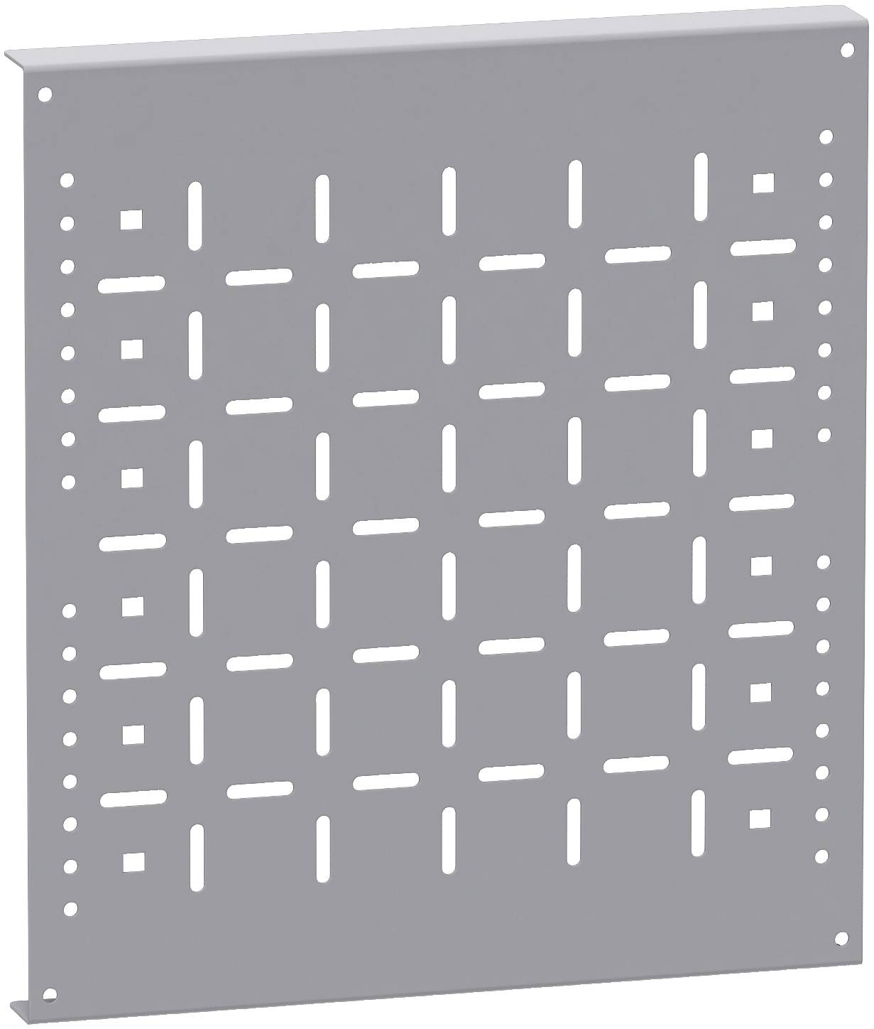 Gray perforated metal panel with rows of slots and holes, likely a mounting or ventilation plate.