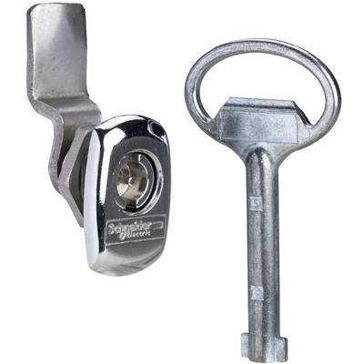 Two metal keys for an electrical switch lock, one with a handle and one mounted in a chrome lock cylinder.