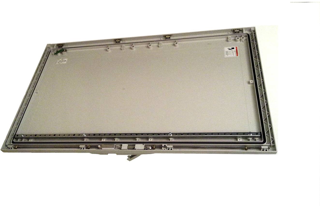 Back view of a flat-screen display panel with exposed metal frame, screws, and mounting edges on a white background.