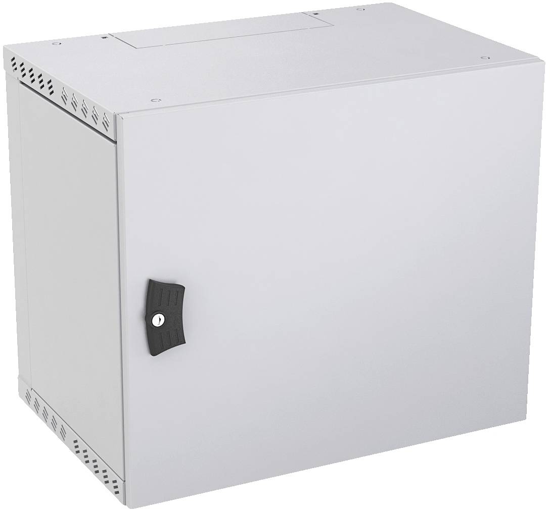 Light gray metal wall-mounted electrical enclosure cabinet with a black latch handle and vented side panels.