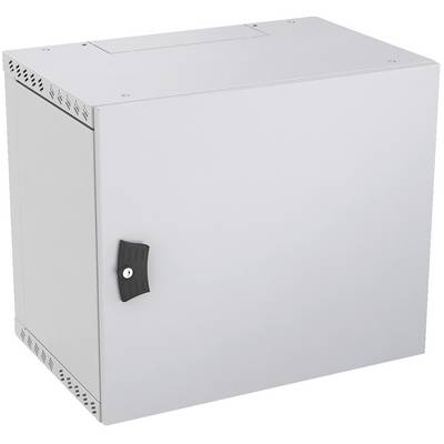 Light gray metal wall-mounted electrical enclosure cabinet with a black latch handle and vented side panels.