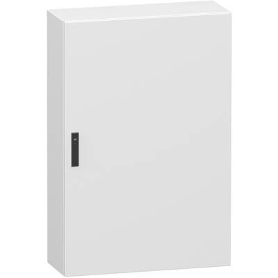 White wall-mounted electrical cabinet with a black vertical handle, shown closed in a plain product view.