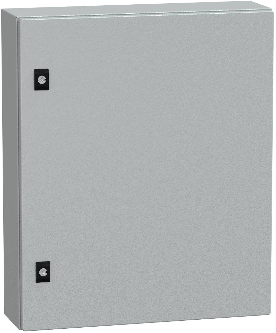 Gray metal electrical cabinet door with two black latch handles on the left side.