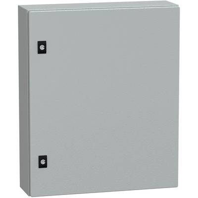 Gray metal electrical cabinet door with two black latch handles on the left side.