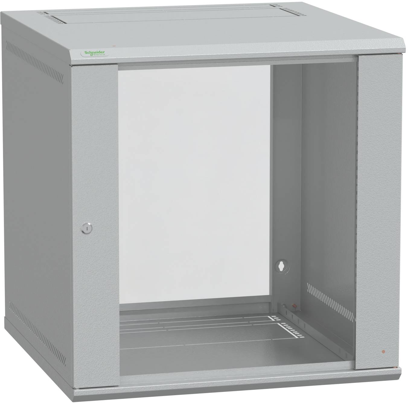 Open gray wall-mounted equipment enclosure cabinet with front access opening and hinged doors<br>