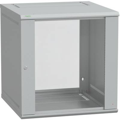 Open gray wall-mounted equipment enclosure cabinet with front access opening and hinged doors<br>