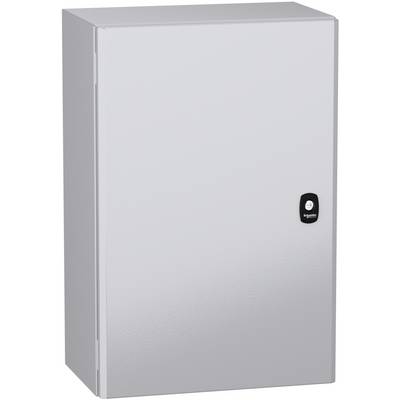 Gray metal electrical cabinet with a hinged door and small black locking handle on the right side.