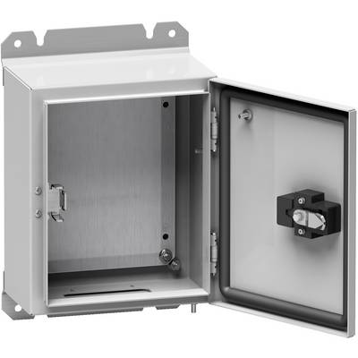 Open stainless steel electrical enclosure with hinged front door and locking latch, shown empty against a white background.