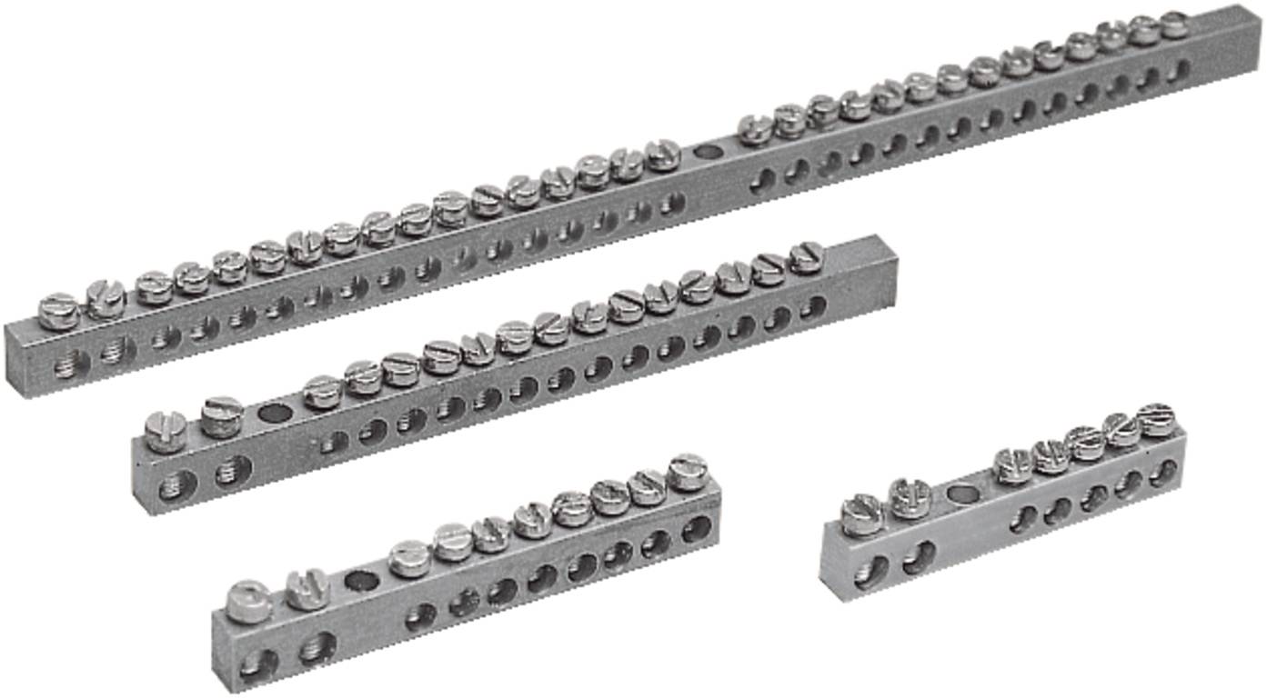 Four metal electrical bus bars of different lengths, each with rows of screw terminals and side holes for mounting.
