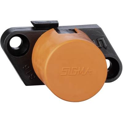 Orange plastic sensor or connector cap mounted on a black housing with two screw holes.