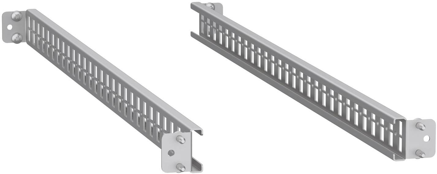 Two gray metal cable management raceways with perforated sides, shown from different angles on a white background.
