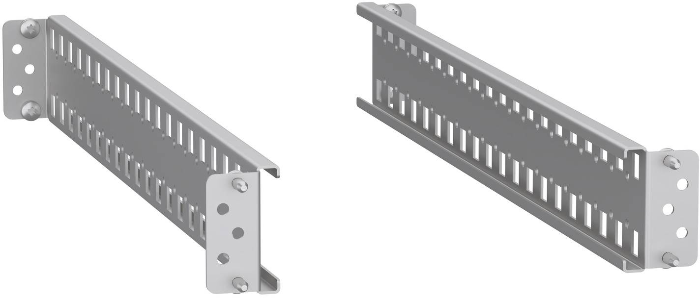 Two views of a metal cable management comb bracket with slotted channels and mounting holes for organizing wires in a rack.
