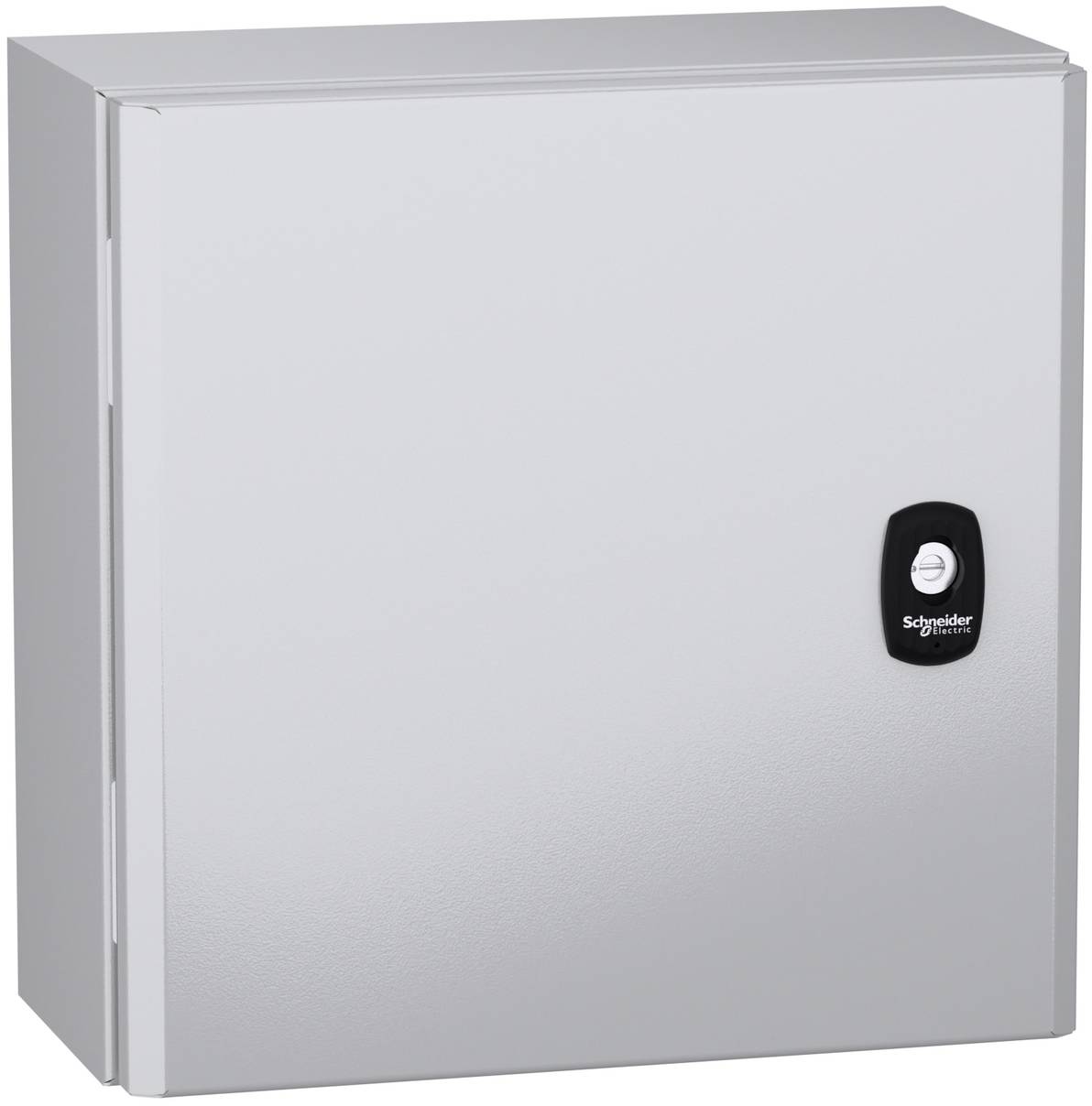 Gray metal electrical cabinet door with a black Schneider Electric latch handle<br>