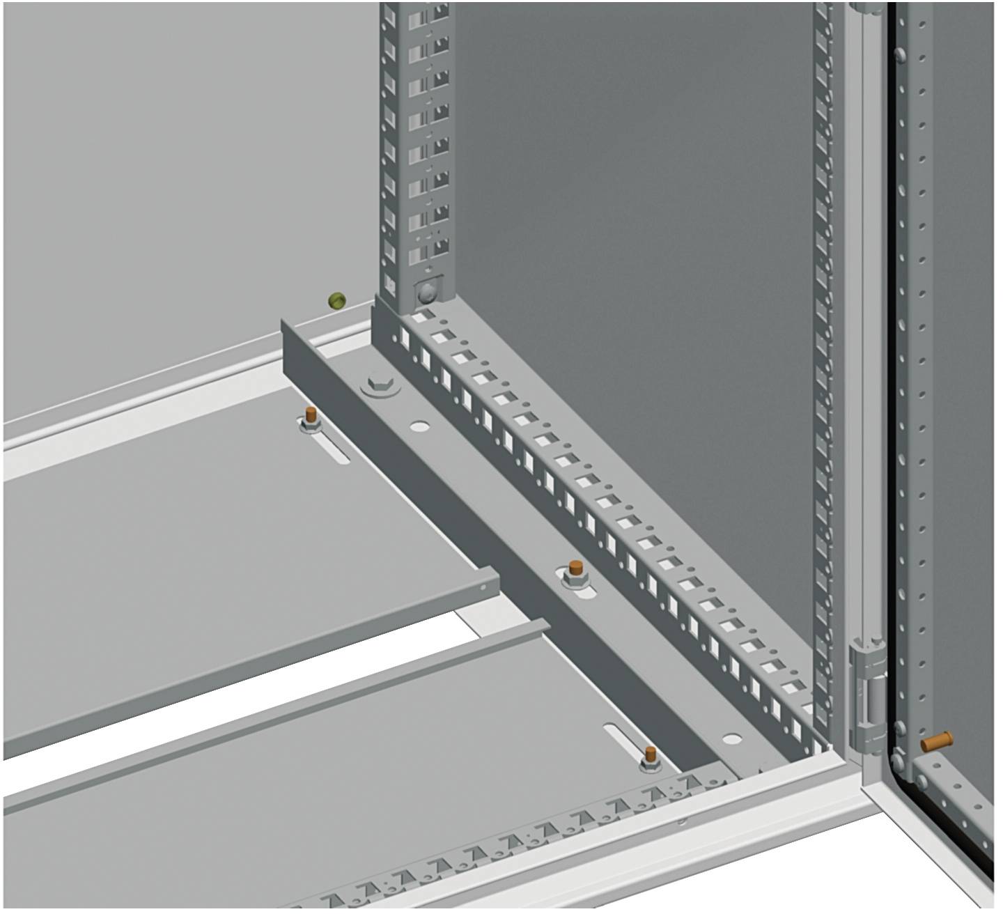 Close-up of a metal server rack corner showing perforated mounting rails and a sliding shelf or tray installed inside the cabinet.