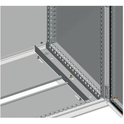 Close-up of a metal server rack corner showing perforated mounting rails and a sliding shelf or tray installed inside the cabinet.