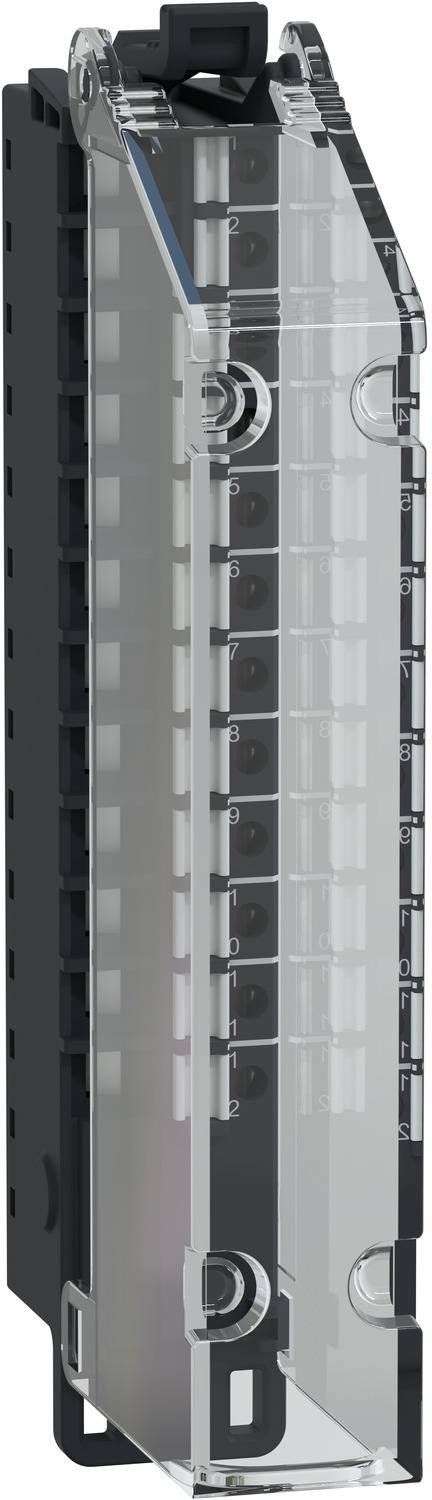 Transparent electrical circuit breaker with black side housing and visible internal mechanism, shown vertically on a white background.